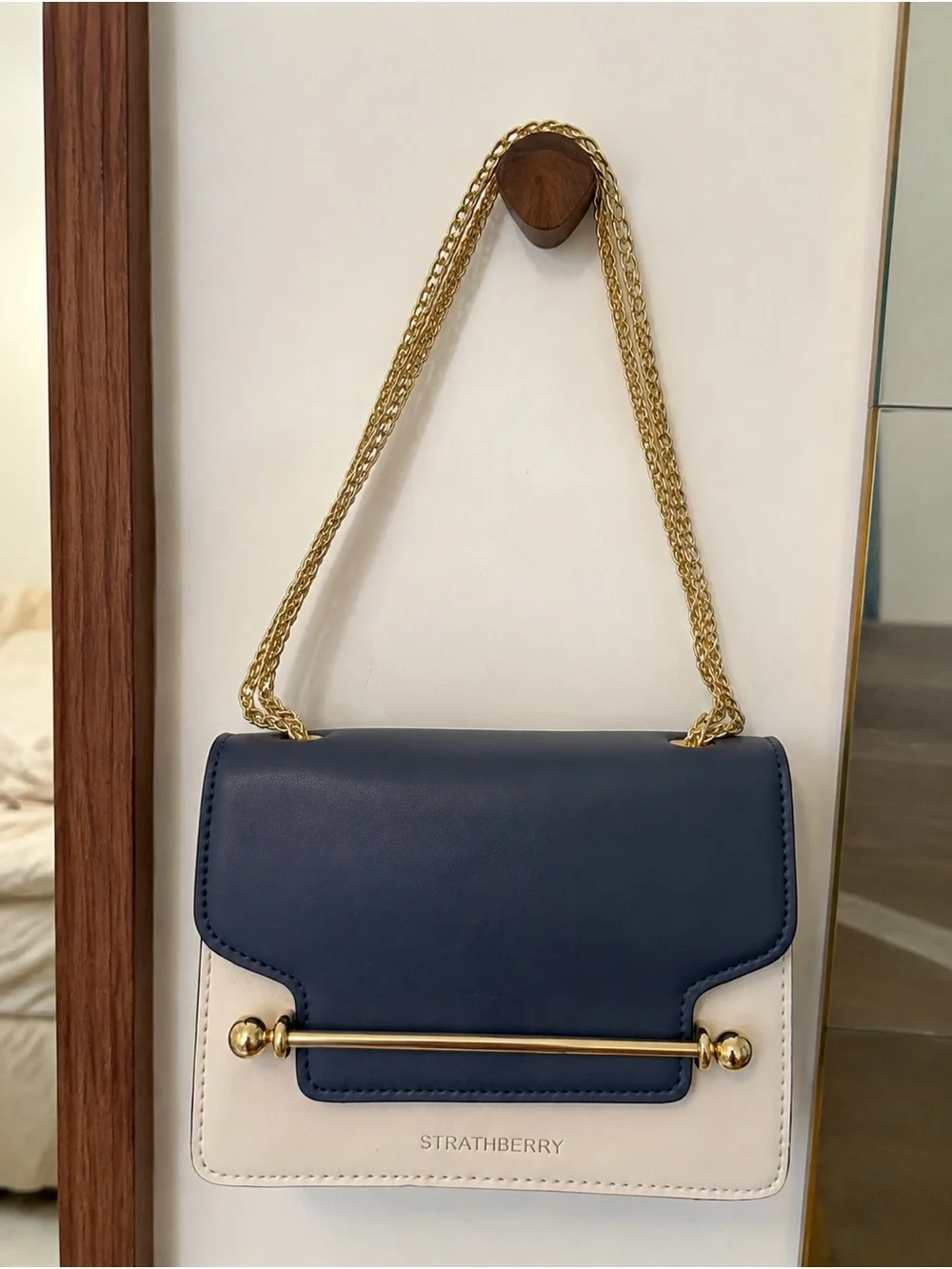Tory Burch Navy and Cream Leather Crossbody with Gold Chain